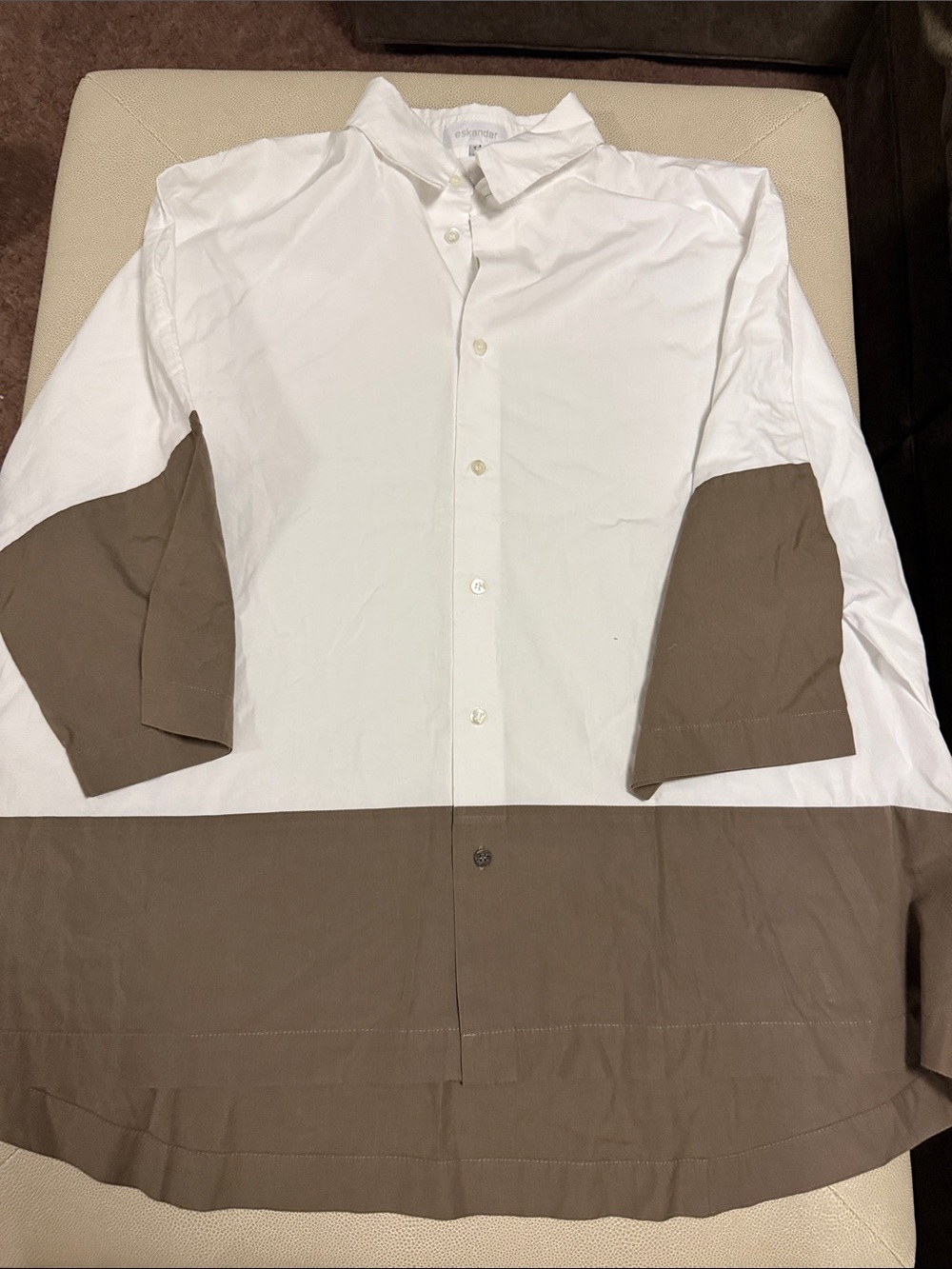 eskandar White and Brown Colorblock Button-Down Shirt